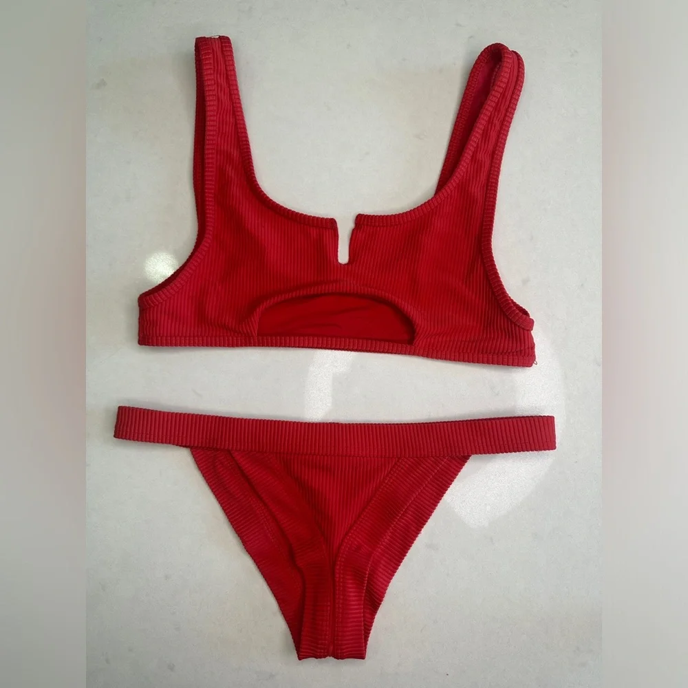 Frankies Bikinis Red Cole Cutout Ribbed Bikini Set Luxury Swim M/L